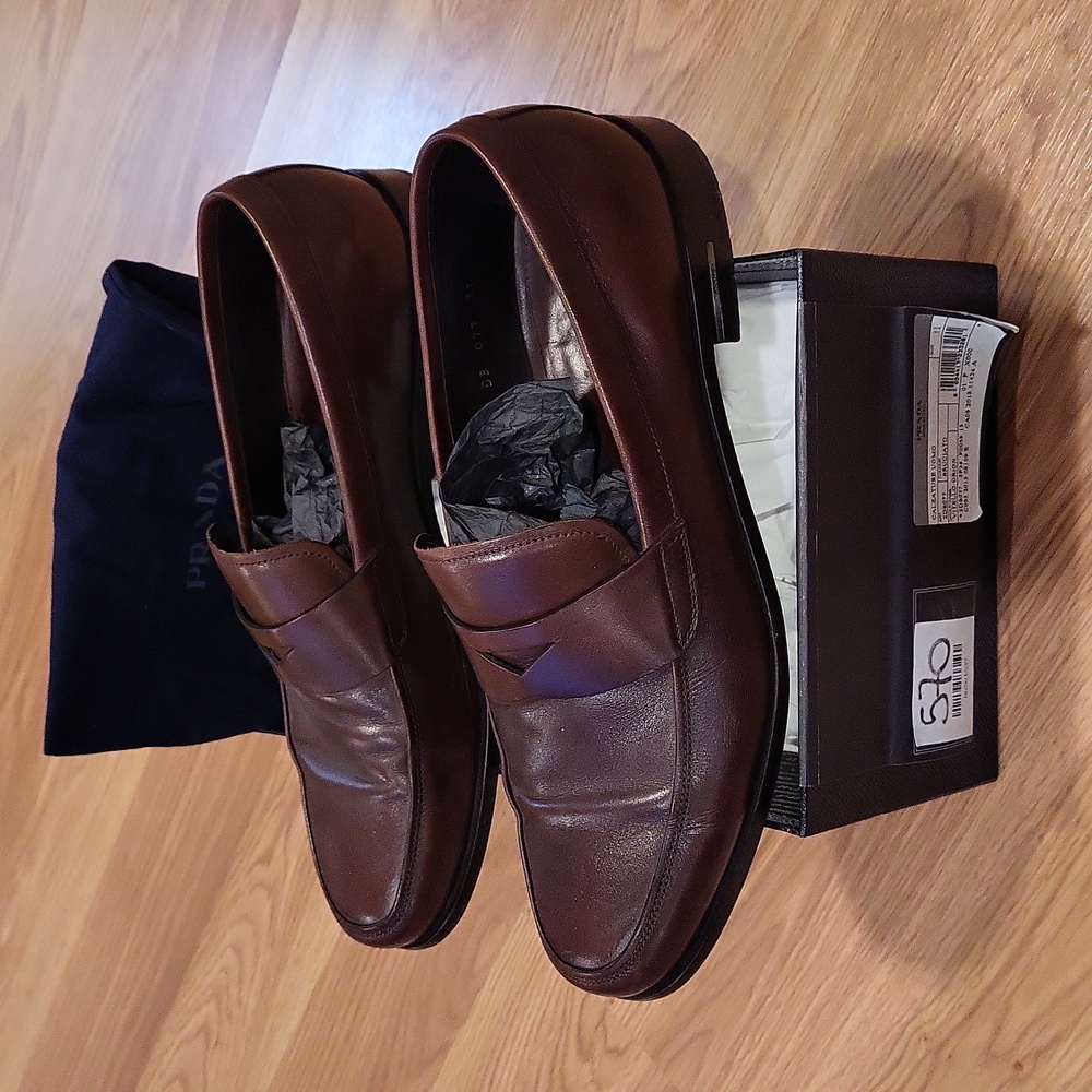 PRADA Brown Leather Penny Loafers 2DB077 Size 11